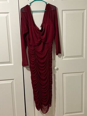Fashion Nova Wine Ruched Long Sleeve Midi Dress